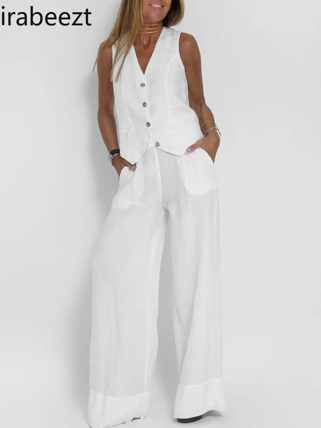 Summer Women's High-End Linen Vest & Wide Leg Pants Set - Breathable Cotton Linen Blend Casual Two-Piece Outfit for Women