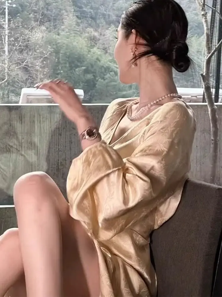 2025 Summer Women's Tea Style Robe - New Chinese Floral Printed Maxi Dress Elegant O-Neck Long Sleeve Flowy Boho Outfit