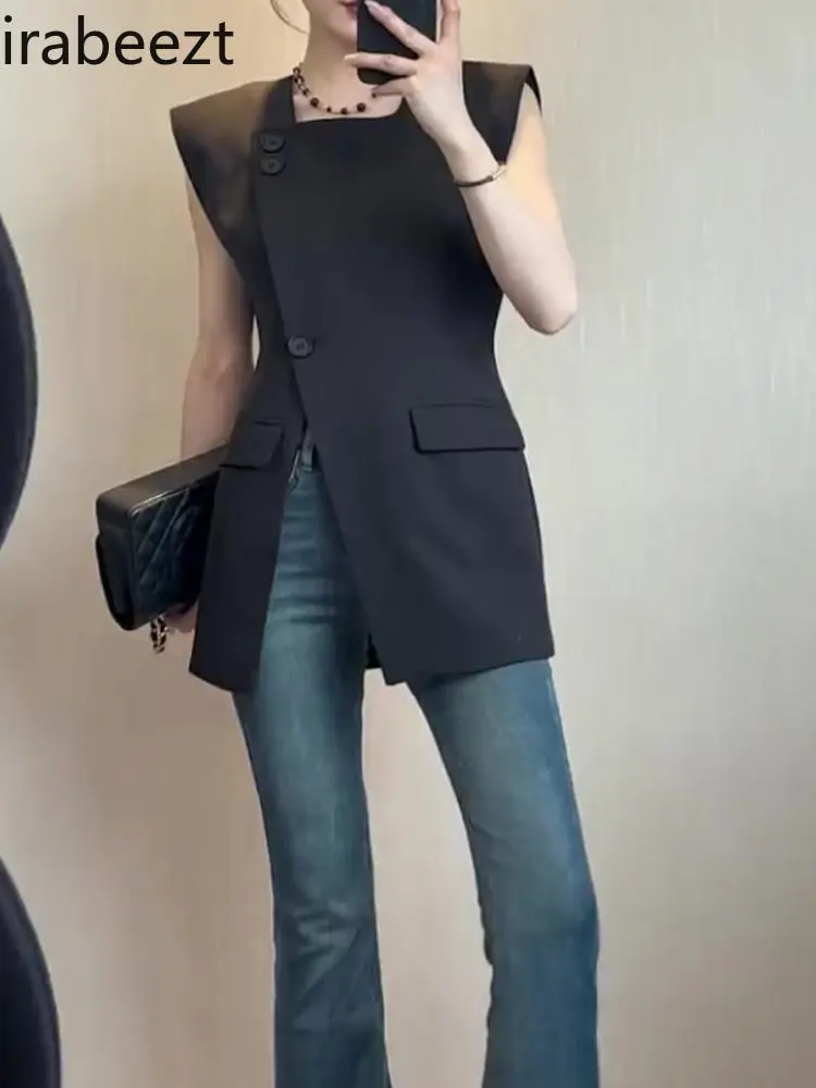 Women's European Style Summer Black Slim Fit Blazer Vest Plus Size Slimming Fashion Office Blazer Versatile Casaco Feminino