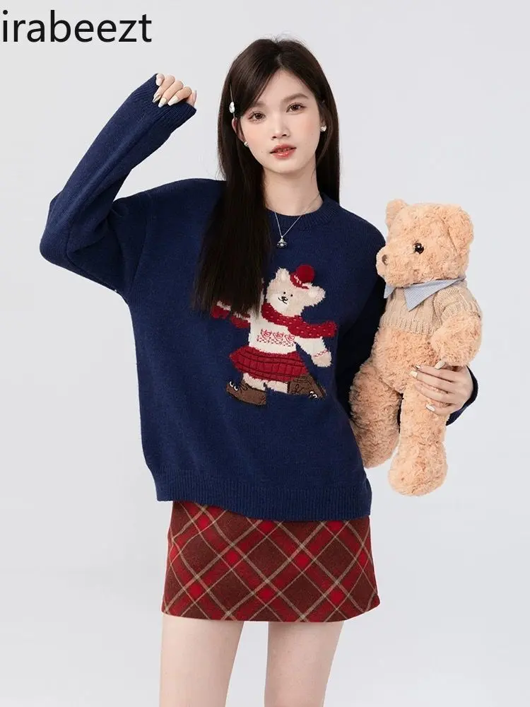New Cartoon Bear Sweater Women's 2024 Autumn and Winter Loose Round Neck Pullover Warm Top Winter Clothes Women