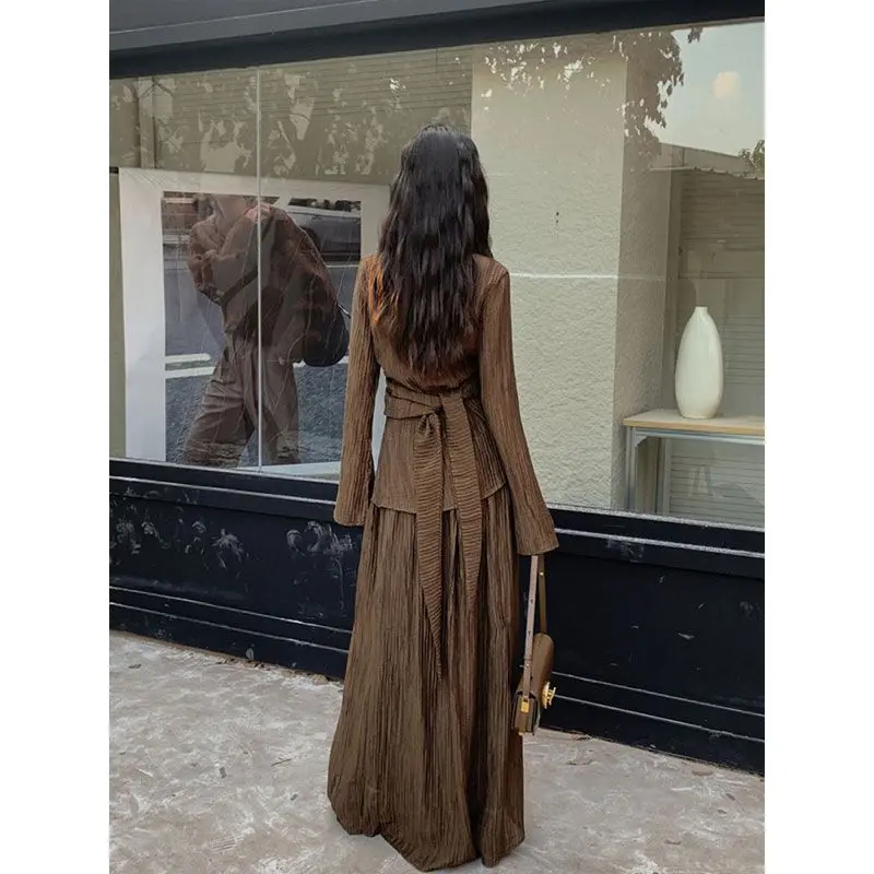 Spring Loose Fit & Elegant Style Women's Outfit - Designer V-Neck Cardigan Top with Pleated Details + High-Waist Slimming Skirt