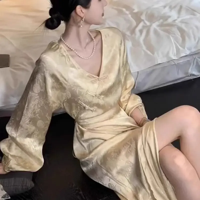 2025 Summer Women's Tea Style Robe - New Chinese Floral Printed Maxi Dress Elegant O-Neck Long Sleeve Flowy Boho Outfit