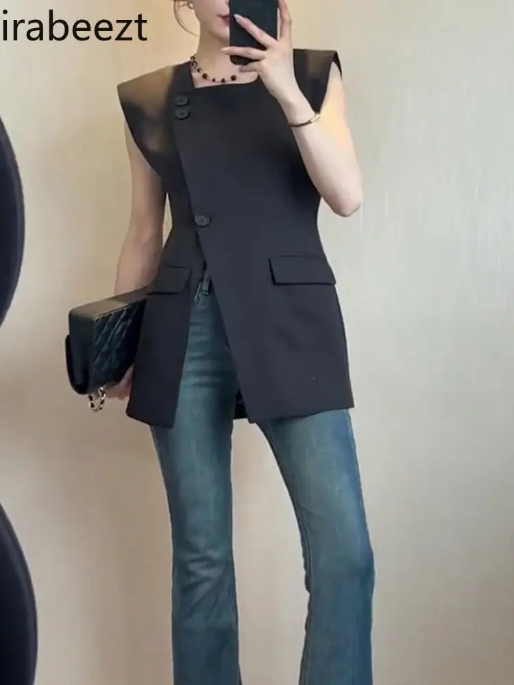 Women's European Style Summer Black Slim Fit Blazer Vest Plus Size Slimming Fashion Office Blazer Versatile Casaco Feminino