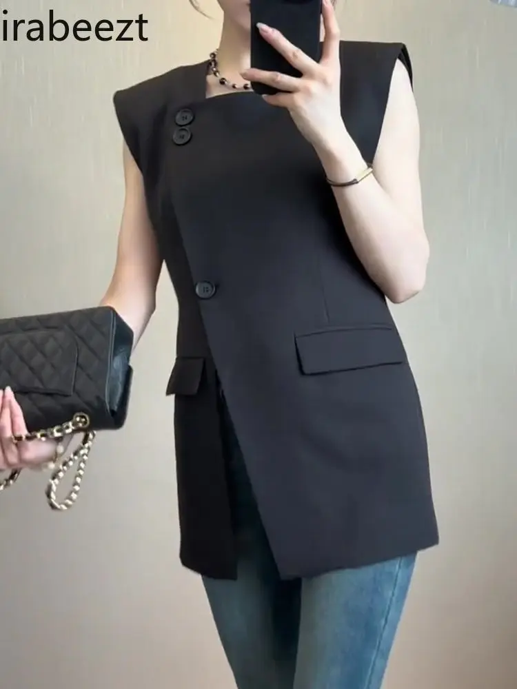 Women's European Style Summer Black Slim Fit Blazer Vest Plus Size Slimming Fashion Office Blazer Versatile Casaco Feminino