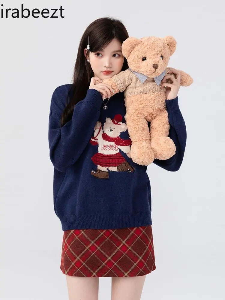 New Cartoon Bear Sweater Women's 2024 Autumn and Winter Loose Round Neck Pullover Warm Top Winter Clothes Women