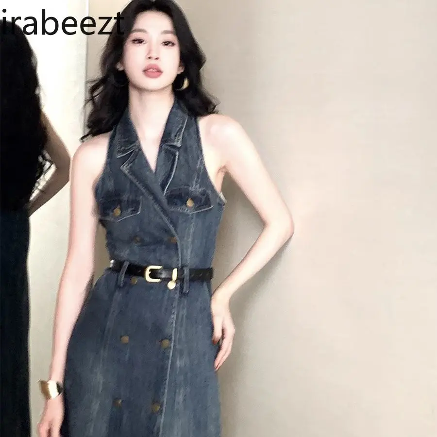 Vintage Sexy Retro Double Row Buttons Off-Shoulder Sleeveless Denim Dress for Women Summer Fitted Waist Slimming Long Length