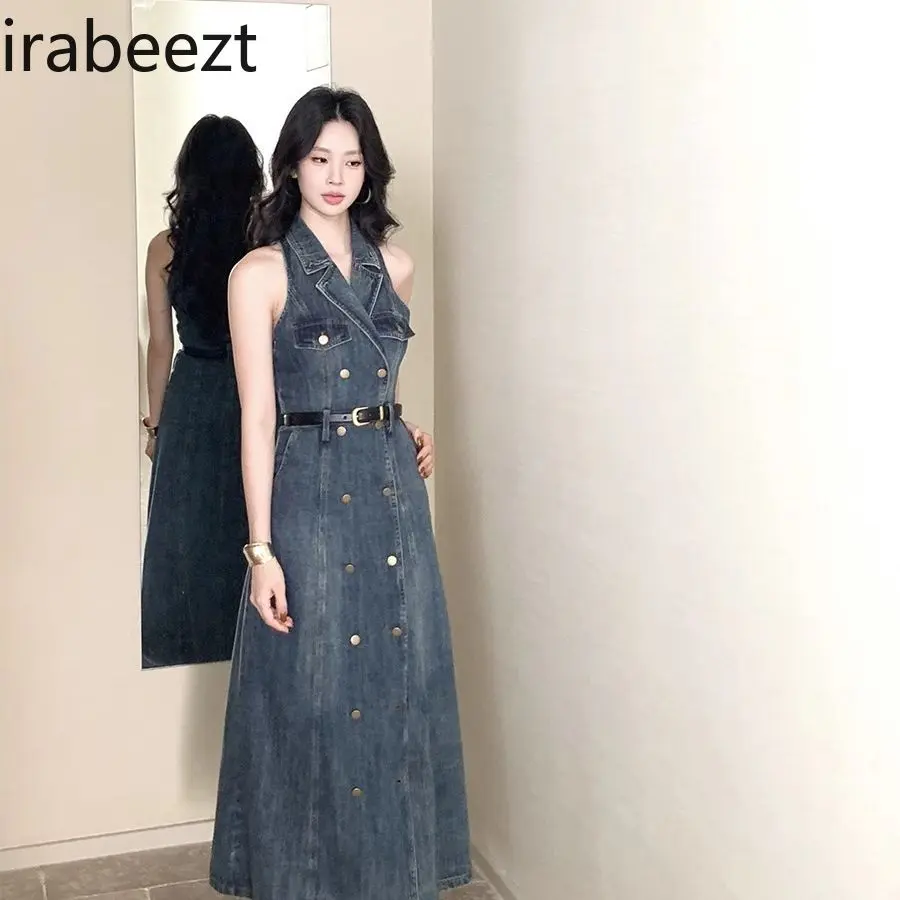 Vintage Sexy Retro Double Row Buttons Off-Shoulder Sleeveless Denim Dress for Women Summer Fitted Waist Slimming Long Length
