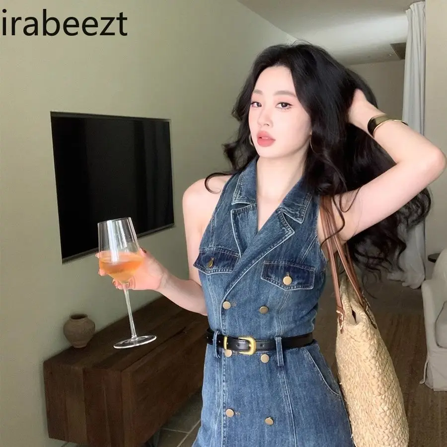 Vintage Sexy Retro Double Row Buttons Off-Shoulder Sleeveless Denim Dress for Women Summer Fitted Waist Slimming Long Length