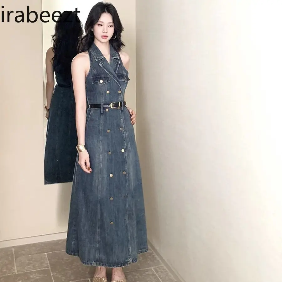 Vintage Sexy Retro Double Row Buttons Off-Shoulder Sleeveless Denim Dress for Women Summer Fitted Waist Slimming Long Length