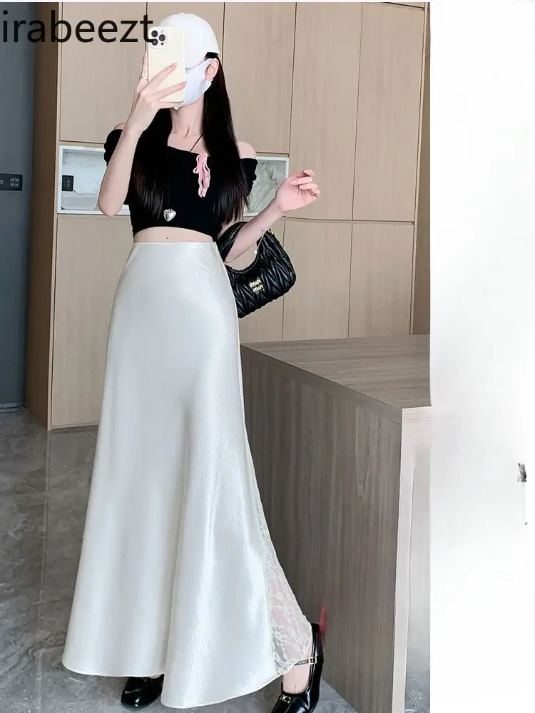 Korean Fashion Clothing Acetate Satin Lace Patchwork Clothing 2025 Spring and Summer New Slim Fit Hip-covering A-line Skirt