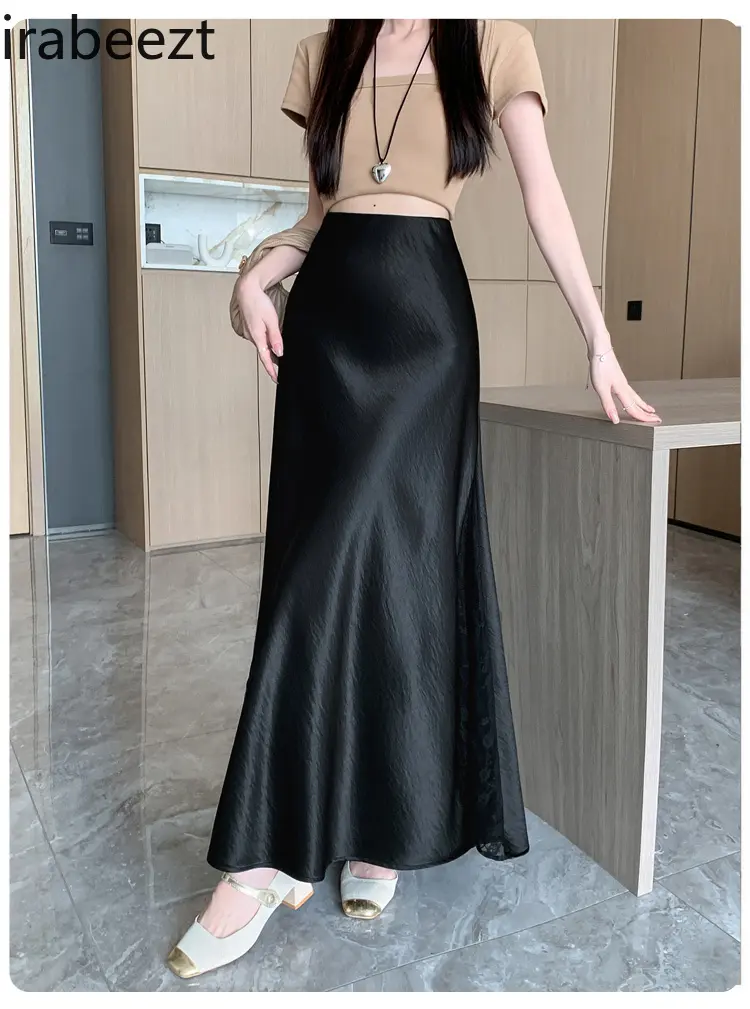 Korean Fashion Clothing Acetate Satin Lace Patchwork Clothing 2025 Spring and Summer New Slim Fit Hip-covering A-line Skirt