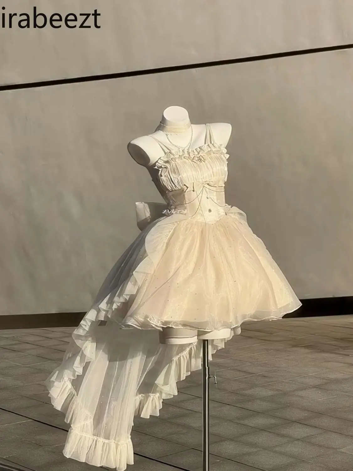Summer French Chic Petite Romantic Ruffled Off-Shoulder Dress with Shimmering Tulle Skirt & Waist Belt for Women