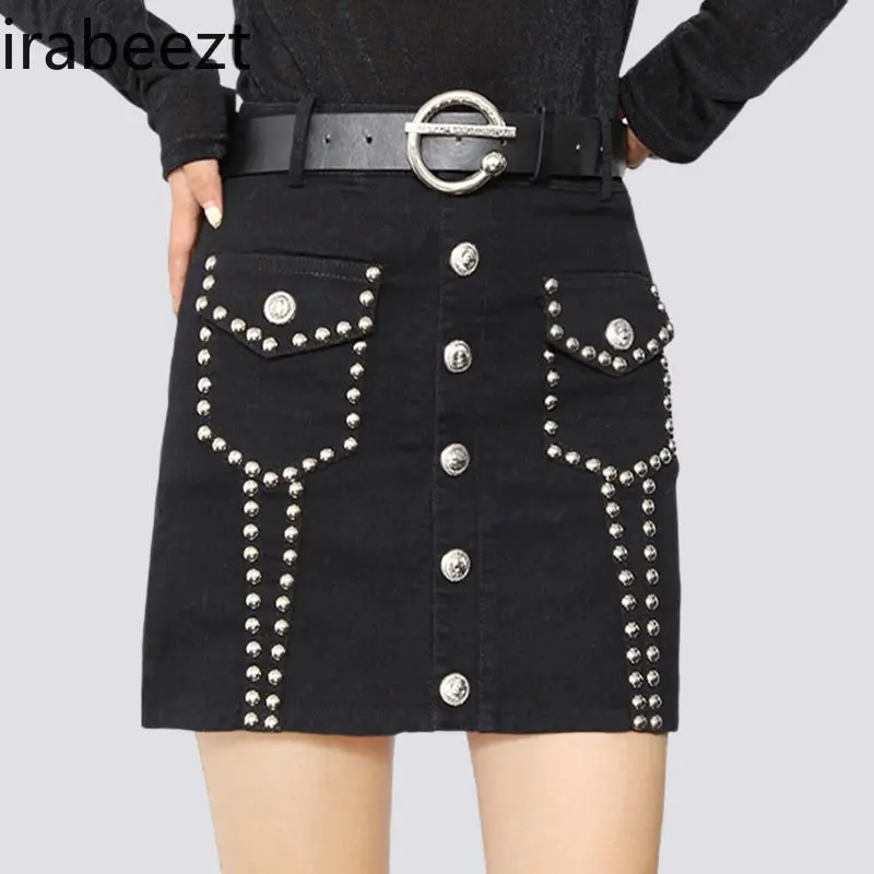 Summer Denim Mini Skirt Women's Fashion Studded High Waist Slim Fit Stretchy Short Skirt with Anti-Slip Lining Casual Streetwear