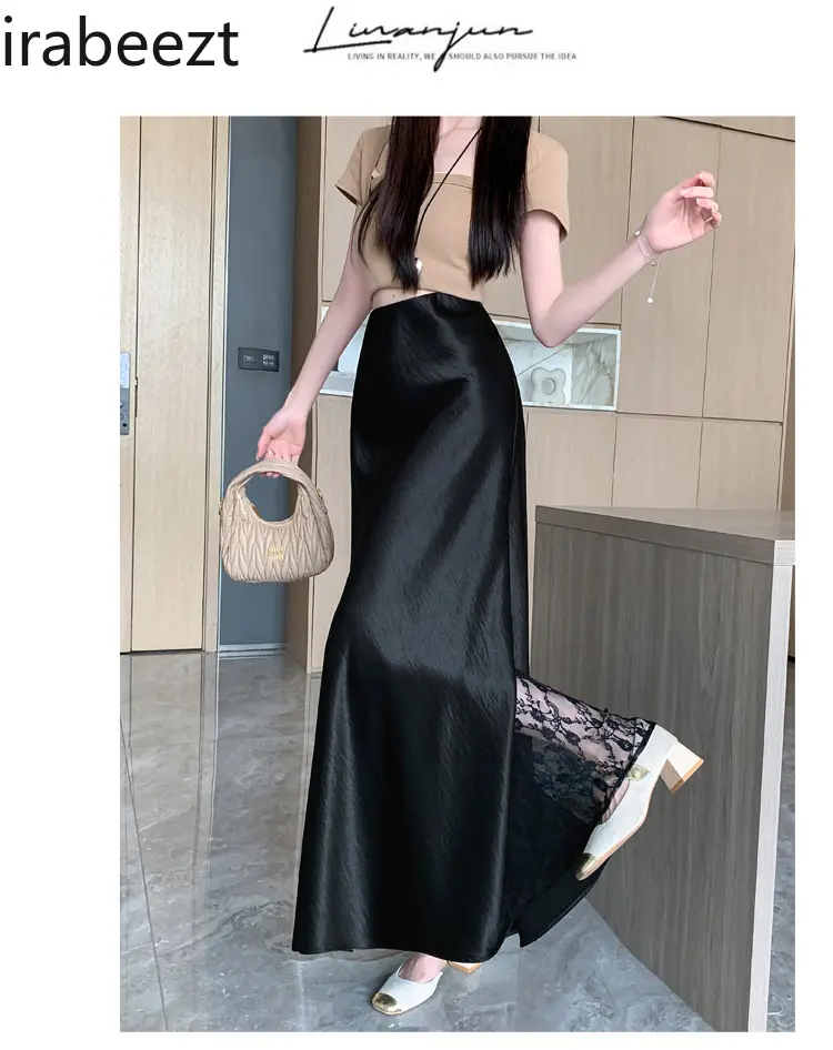 Korean Fashion Clothing Acetate Satin Lace Patchwork Clothing 2025 Spring and Summer New Slim Fit Hip-covering A-line Skirt