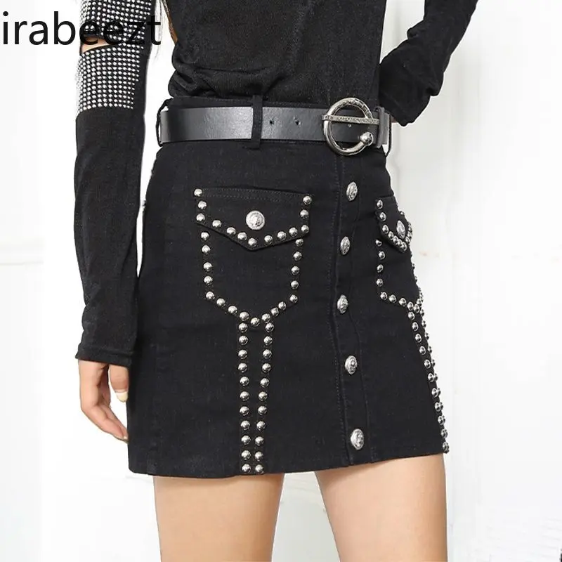 Summer Denim Mini Skirt Women's Fashion Studded High Waist Slim Fit Stretchy Short Skirt with Anti-Slip Lining Casual Streetwear