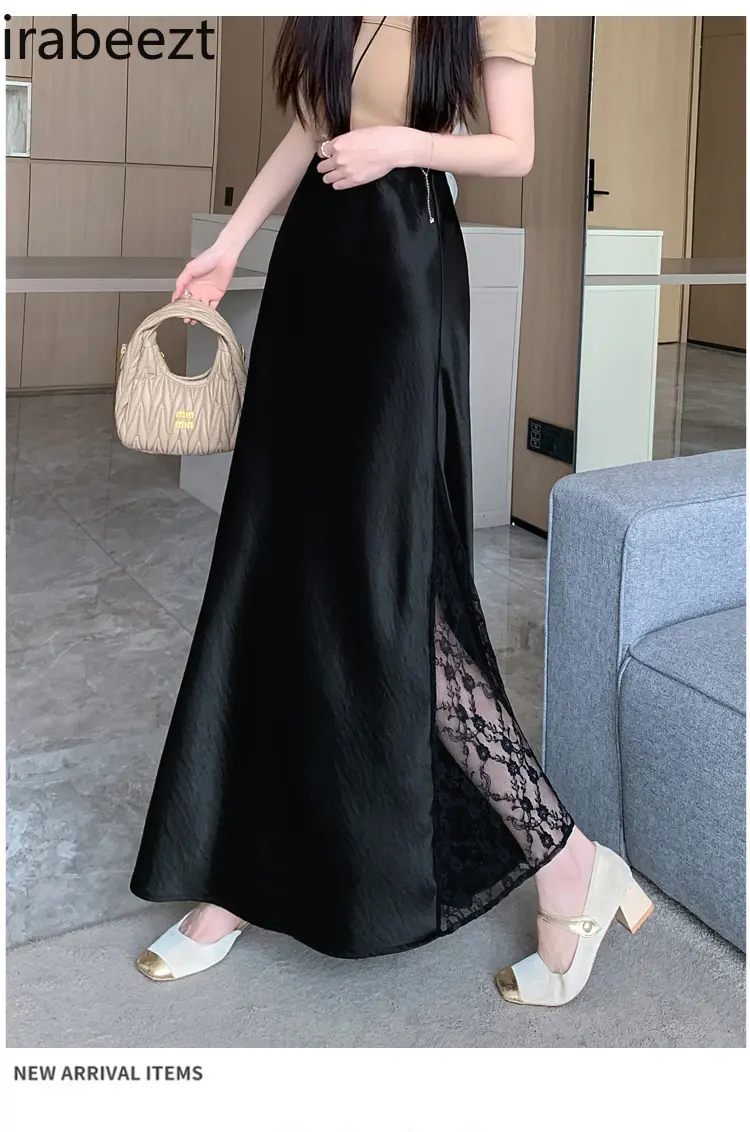 Korean Fashion Clothing Acetate Satin Lace Patchwork Clothing 2025 Spring and Summer New Slim Fit Hip-covering A-line Skirt