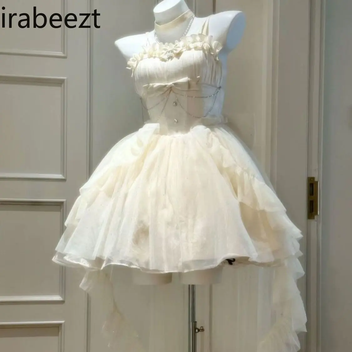 Summer French Chic Petite Romantic Ruffled Off-Shoulder Dress with Shimmering Tulle Skirt & Waist Belt for Women