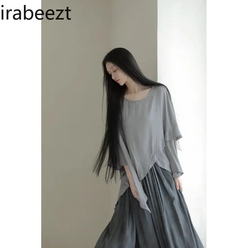 Women's Two-Piece Set Cotton Linen Blend Loose-Fit Batwing Sleeve Top & High-Waisted Pleated Midi Skirt Plus Size Bohemian Style