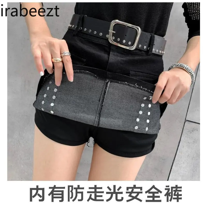 Summer Denim Mini Skirt Women's Fashion Studded High Waist Slim Fit Stretchy Short Skirt with Anti-Slip Lining Casual Streetwear
