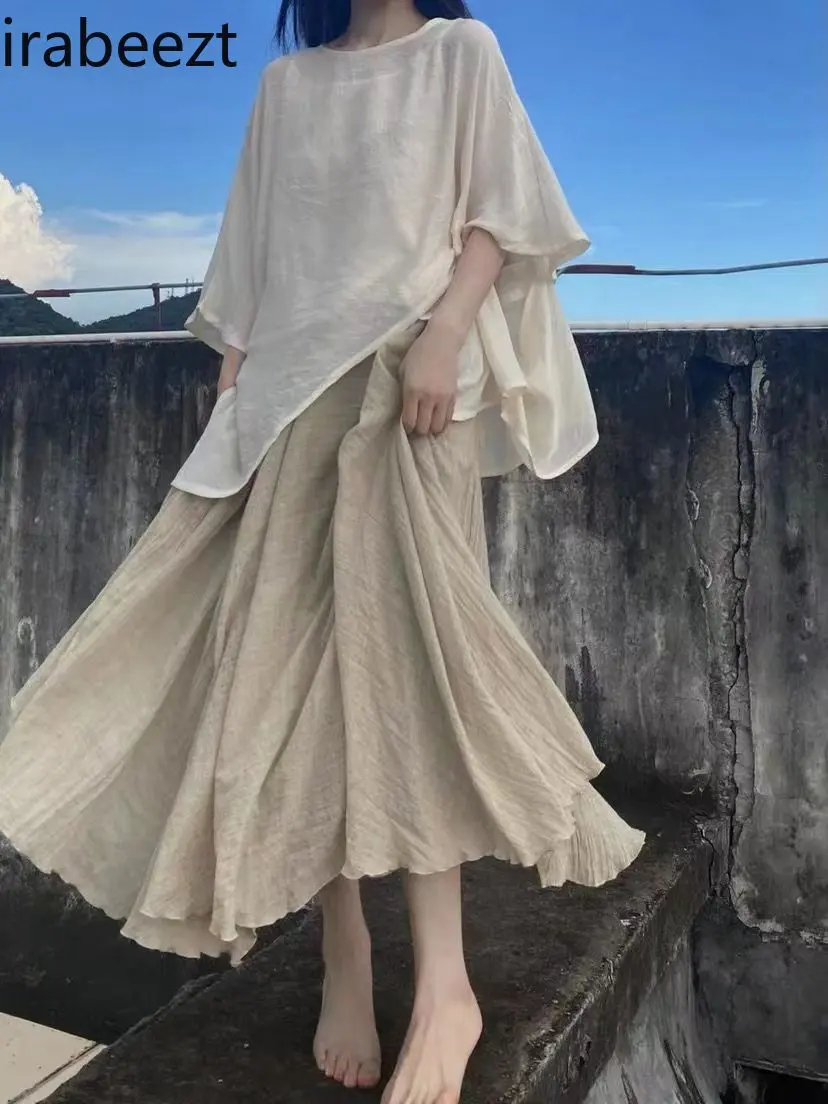Women's Two-Piece Set Cotton Linen Blend Loose-Fit Batwing Sleeve Top & High-Waisted Pleated Midi Skirt Plus Size Bohemian Style