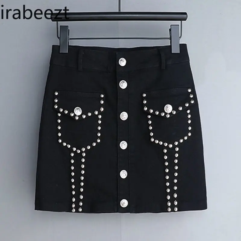 Summer Denim Mini Skirt Women's Fashion Studded High Waist Slim Fit Stretchy Short Skirt with Anti-Slip Lining Casual Streetwear