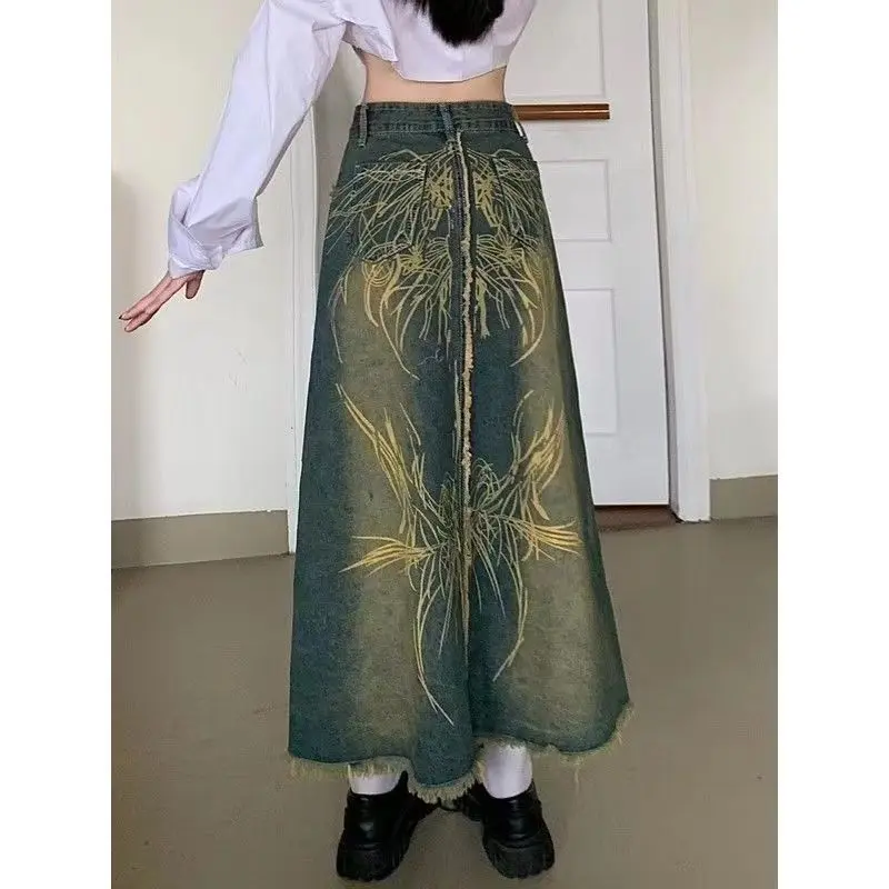 Vintage Washed Denim Skirt Women's A-Line Mid-Length Distressed Hem Embroidery Beads Print High Waist Plus Size Casual Skirt