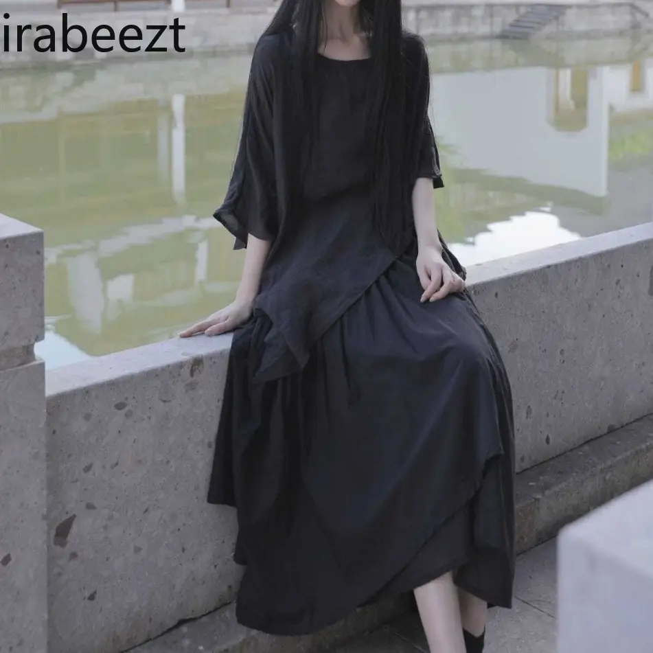 Women's Two-Piece Set Cotton Linen Blend Loose-Fit Batwing Sleeve Top & High-Waisted Pleated Midi Skirt Plus Size Bohemian Style