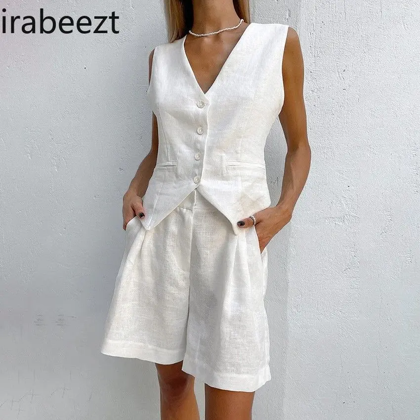 2025 New Women's Linen Vest Shorts Set Summer Casual Sleeveless Waistcoat & High Waist Shorts Two Piece Outfit Office Travel