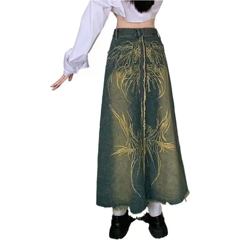 Vintage Washed Denim Skirt Women's A-Line Mid-Length Distressed Hem Embroidery Beads Print High Waist Plus Size Casual Skirt