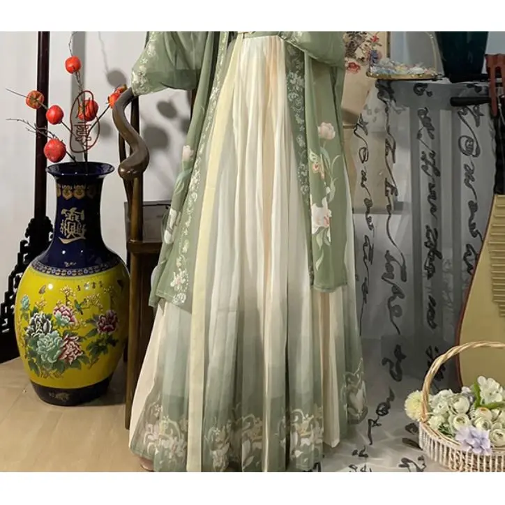 Song Dynasty Hanfu Women's Floral Print High Waist Pleated Skirt Casual Summer Chinese Traditional Dress Elegant Loose Fit