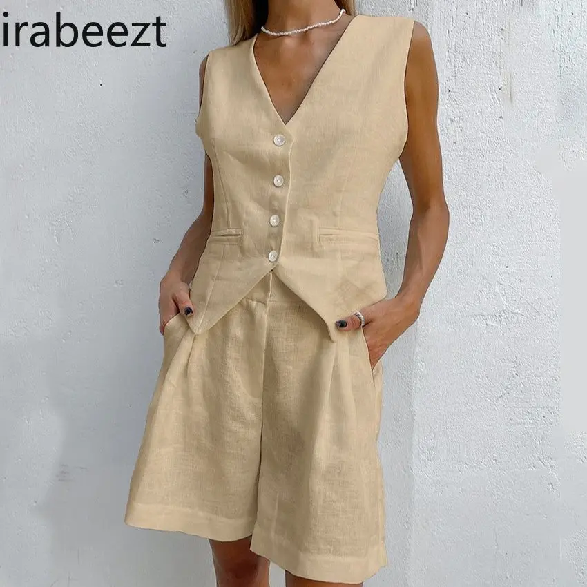 2025 New Women's Linen Vest Shorts Set Summer Casual Sleeveless Waistcoat & High Waist Shorts Two Piece Outfit Office Travel
