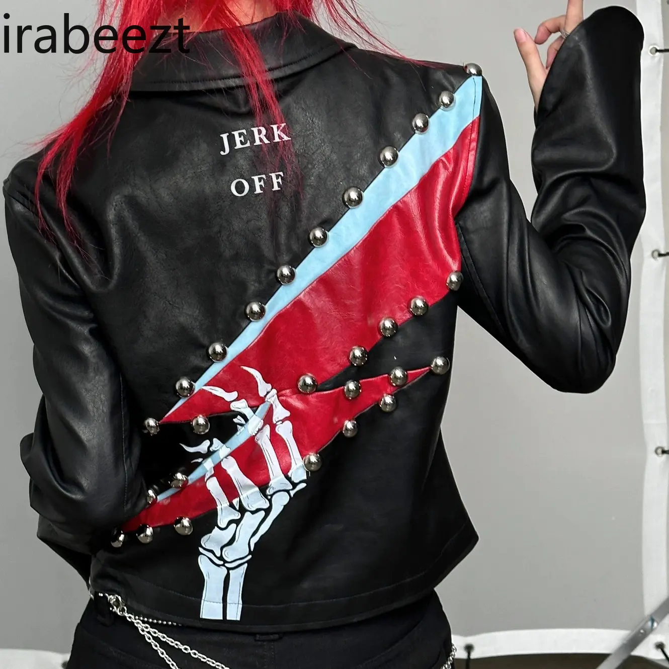 Rock-Inspired Embellished Leather Jacket - Studded Rhinestone Print Color-Block Bell Sleeves Slim Fit Women's Outerwear