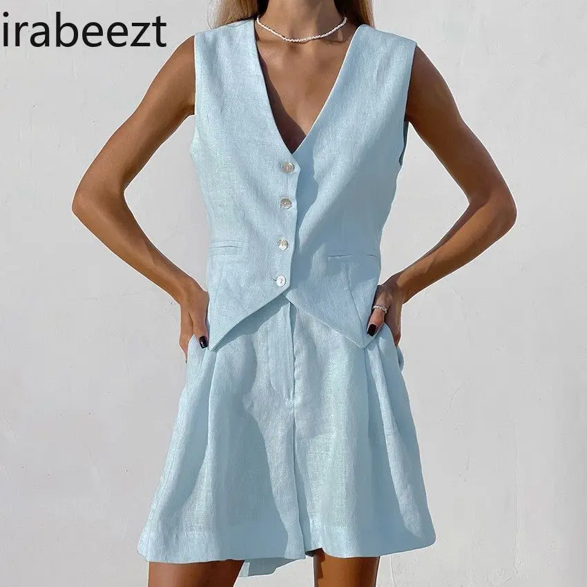 2025 New Women's Linen Vest Shorts Set Summer Casual Sleeveless Waistcoat & High Waist Shorts Two Piece Outfit Office Travel