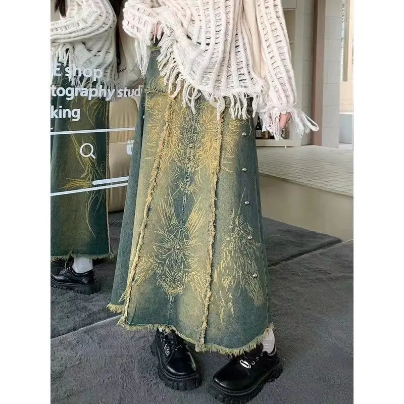 Vintage Washed Denim Skirt Women's A-Line Mid-Length Distressed Hem Embroidery Beads Print High Waist Plus Size Casual Skirt