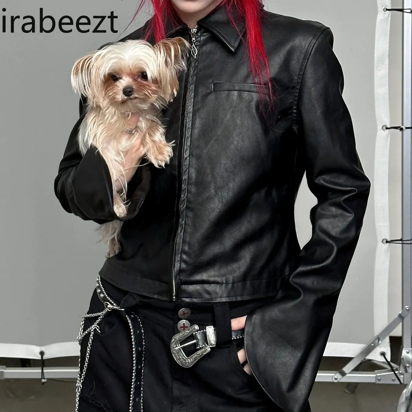 Rock-Inspired Embellished Leather Jacket - Studded Rhinestone Print Color-Block Bell Sleeves Slim Fit Women's Outerwear