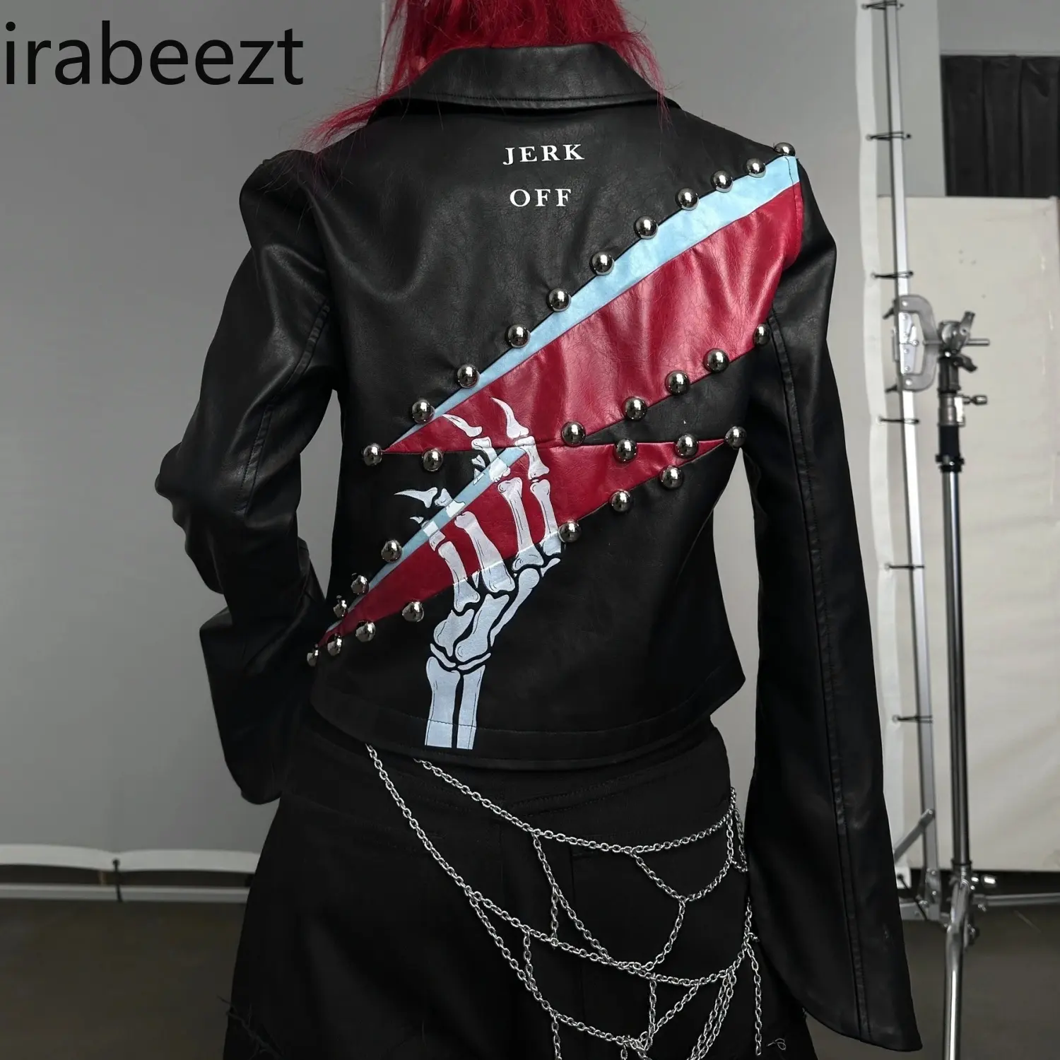 Rock-Inspired Embellished Leather Jacket - Studded Rhinestone Print Color-Block Bell Sleeves Slim Fit Women's Outerwear