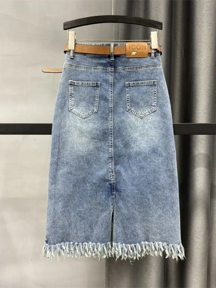 New Retro High Waist Denim Skirt Women's A-Line Flared Butterfly Trim Distressed Hem Midi Length Bodycon Slim Fit