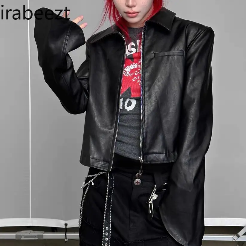 Rock-Inspired Embellished Leather Jacket - Studded Rhinestone Print Color-Block Bell Sleeves Slim Fit Women's Outerwear