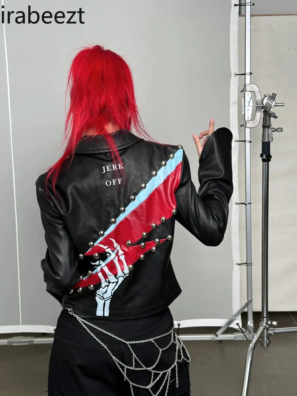 Rock-Inspired Embellished Leather Jacket - Studded Rhinestone Print Color-Block Bell Sleeves Slim Fit Women's Outerwear