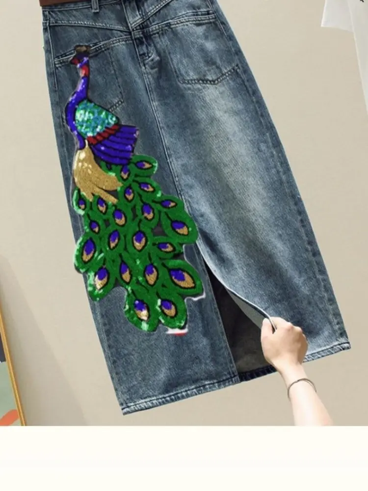 New High Waist A-Line Denim Skirt Women's Slit with Sequins Embroidery Sexy Bodycon Long Skirt for Autumn Casual Party Wear