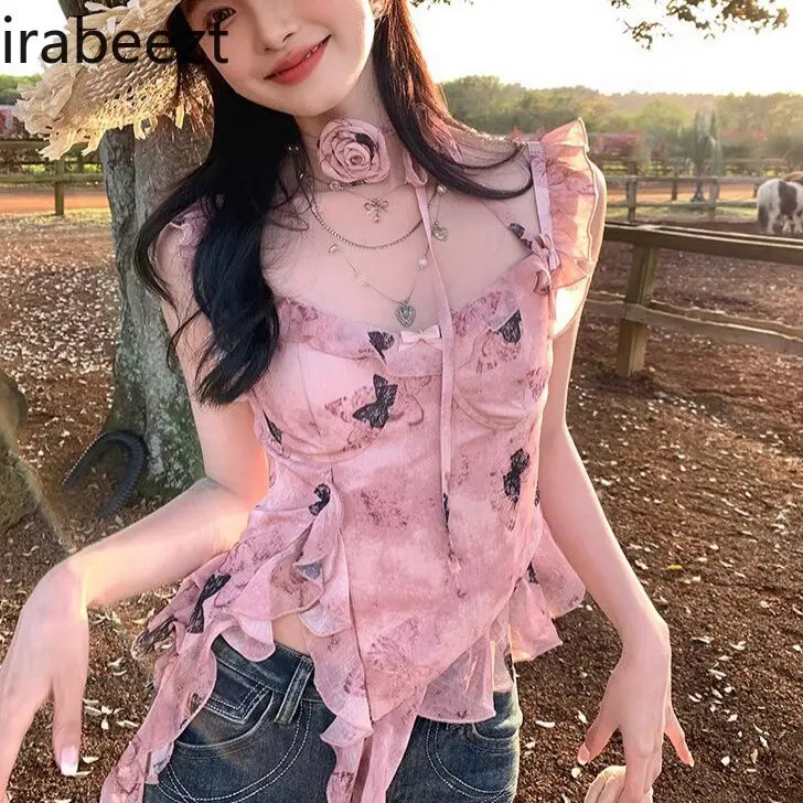 Hot Pink V Neck Lace Trim Crop Top Women Summer Sexy French Style Cami Shirt Y2K Fashion Cute Sleeveless Blouse Ladies Clothes