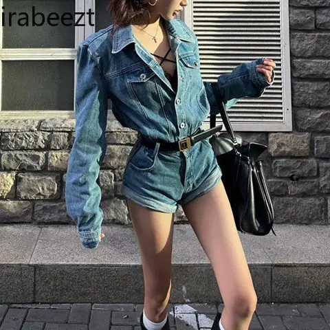 2025 New Spring Women's Blue Denim Jumpsuit Romper High Waisted Wide Leg Shorts Retro Fashion Casual Outfit bodysuit women