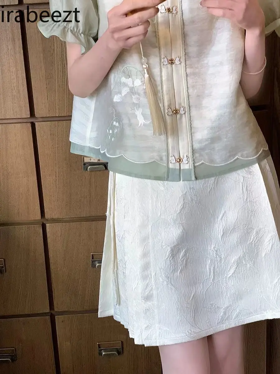 Cream Lace Wide Leg Trousers & Embroidered Blouse - Kawaii Chinese Style Fashion for Women Ensemble Femme 2 Pièces