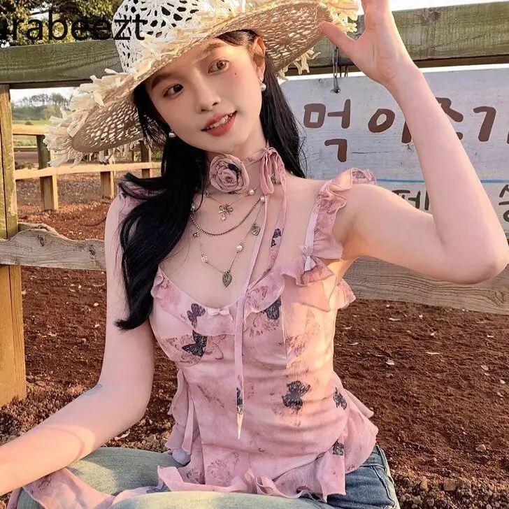 Hot Pink V Neck Lace Trim Crop Top Women Summer Sexy French Style Cami Shirt Y2K Fashion Cute Sleeveless Blouse Ladies Clothes