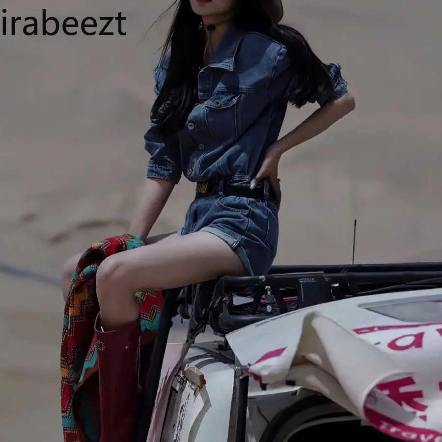2025 New Spring Women's Blue Denim Jumpsuit Romper High Waisted Wide Leg Shorts Retro Fashion Casual Outfit bodysuit women