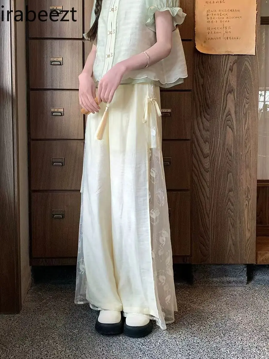 Cream Lace Wide Leg Trousers & Embroidered Blouse - Kawaii Chinese Style Fashion for Women Ensemble Femme 2 Pièces