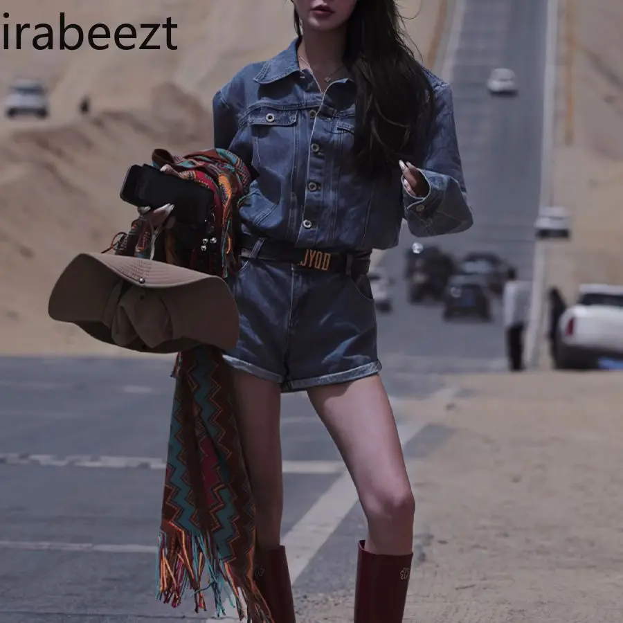2025 New Spring Women's Blue Denim Jumpsuit Romper High Waisted Wide Leg Shorts Retro Fashion Casual Outfit bodysuit women