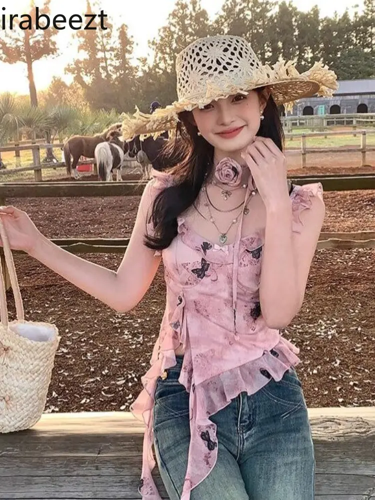 Hot Pink V Neck Lace Trim Crop Top Women Summer Sexy French Style Cami Shirt Y2K Fashion Cute Sleeveless Blouse Ladies Clothes