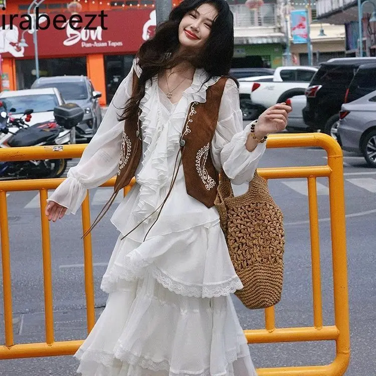 Beige Brown Suede Vest Women's Lightweight Embroidered Waistcoat French Style Slim Fit Spring Fashion Waistcoat Women