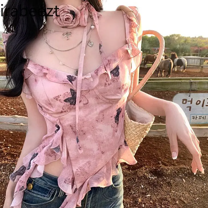 Hot Pink V Neck Lace Trim Crop Top Women Summer Sexy French Style Cami Shirt Y2K Fashion Cute Sleeveless Blouse Ladies Clothes